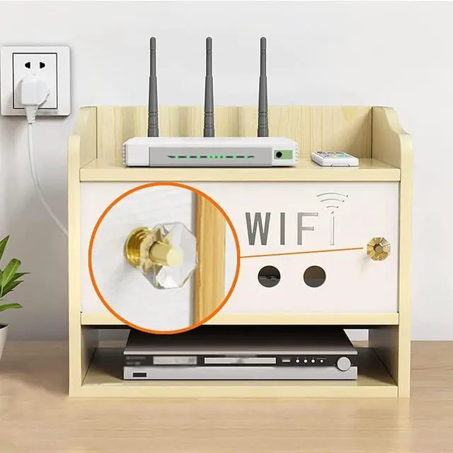 Alt view image 5 of 7 - WiFi Router Storage Boxes, Multifunction Set-top Box Rack WiFi Router Modem Cable Power Plug Wire Storage Boxes, Wooden Wireless WiFi Router Storage Box, Upper and Lower Design