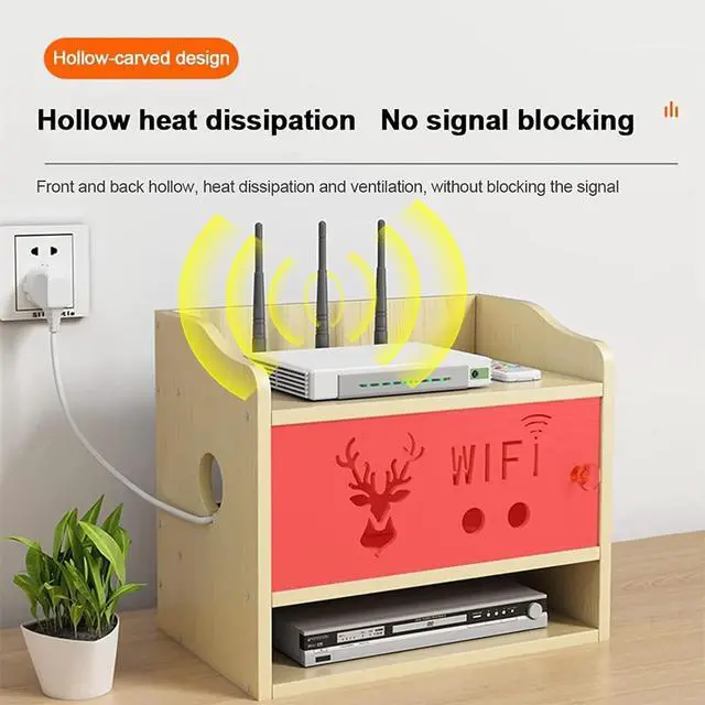 Alt view image 4 of 7 - WiFi Router Storage Boxes, Multifunction Set-top Box Rack WiFi Router Modem Cable Power Plug Wire Storage Boxes, Wooden Wireless WiFi Router Storage Box, Upper and Lower Design