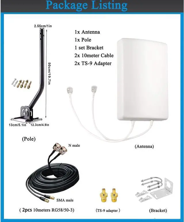 Alt view image 2 of 7 - 5G/ 4G/ LTE/WiFi/ 2x2 MIMO Antennas Outdoor Directional Panel Antenna for 4G LTE 5G Routers Verizon AT&T Sprint T-Mobile Home Internet with TS9 SMA Cable J-Mount Pole (Full Kit)