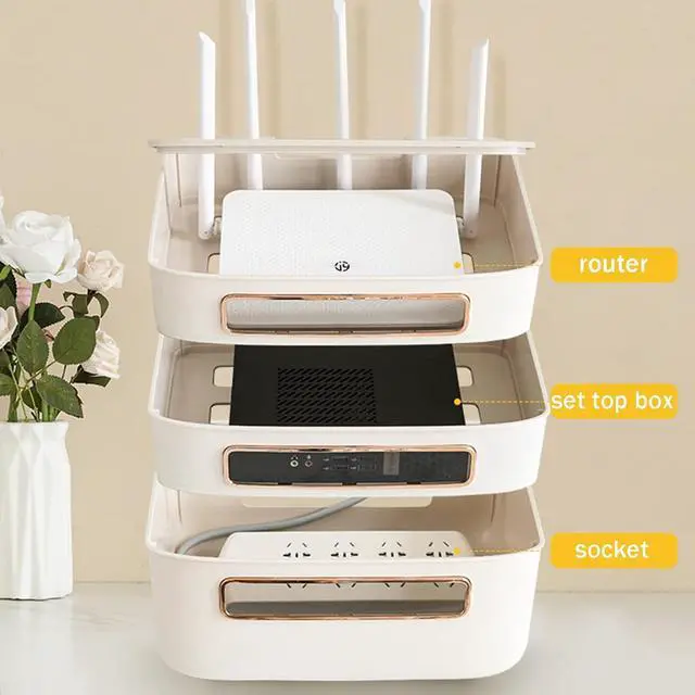Alt view image 2 of 7 - WiFi Router Storage Box, Router Hider Box, Multi-Layer Desktop Cable Storage Box, Router Decorative Box Wall Mount, PP Cable Power Socket Organizer Box Shelf (Size:31.5×21.5×26 cm,Color:B.)