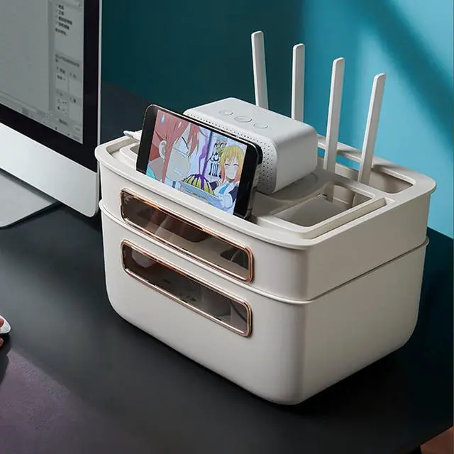 Alt view image 3 of 7 - WiFi Router Storage Box, Router Hider Box, Multi-Layer Desktop Cable Storage Box, Router Decorative Box Wall Mount, PP Cable Power Socket Organizer Box Shelf (Size:31.5×21.5×26 cm,Color:B.)