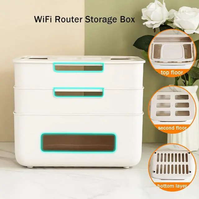 Alt view image 6 of 7 - WiFi Router Storage Box, Router Hider Box, Multi-Layer Desktop Cable Storage Box, Router Decorative Box Wall Mount, PP Cable Power Socket Organizer Box Shelf (Size:31.5×21.5×26 cm,Color:B.)