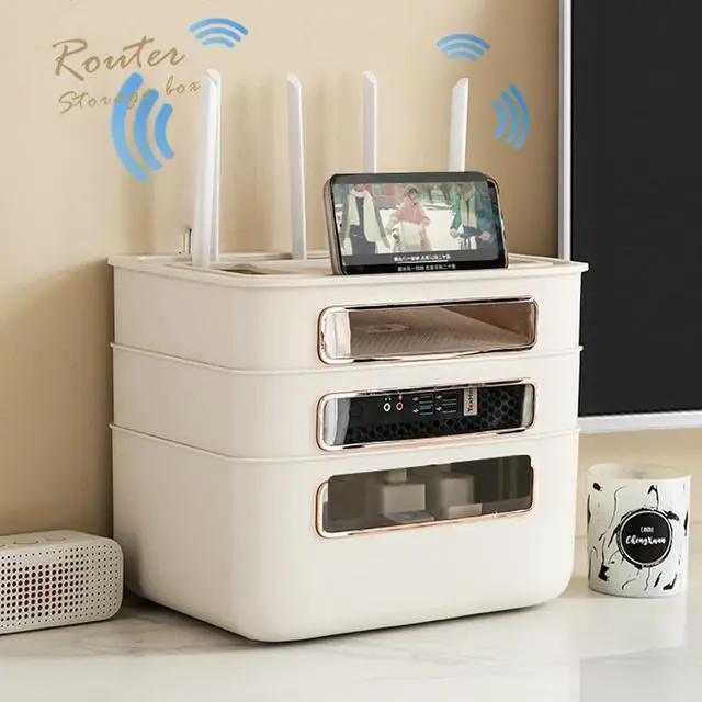 Alt view image 5 of 7 - WiFi Router Storage Box, Router Hider Box, Multi-Layer Desktop Cable Storage Box, Router Decorative Box Wall Mount, PP Cable Power Socket Organizer Box Shelf (Size:31.5×21.5×26 cm,Color:B.)