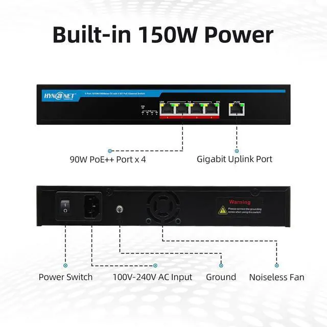 Alt view image 2 of 6 - 802.3bt 5 Port Gigabit PoE++ Switch, Built-in 150w Power, 4 Port 90w PoE++ for PTZ Cameras