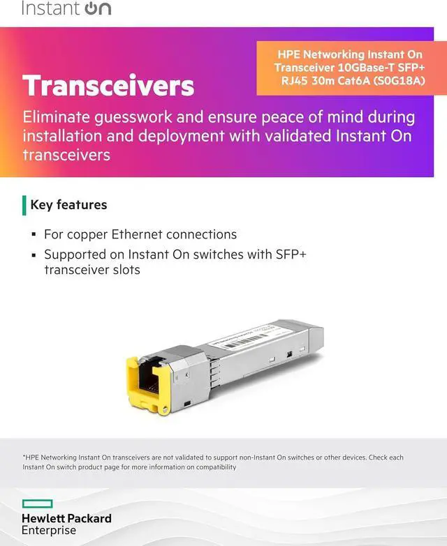 Alt view image 2 of 2 - HPE Networking Instant On 10GBase-T SFP+ RJ45 30m Cat6A Transceiver for Copper Ethernet Connections (S0G18A)