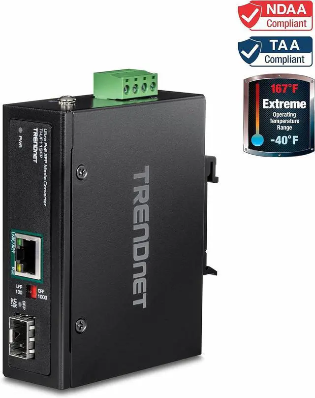 Alt view image 2 of 7 - TRENDnet Hardened Industrial SFP to Gigabit UPoE Media Converter, IP30 Rated Housing, Includes DIN-Rail & Wall Mounts, Operating Temp. -40 to 75 °C (-40 to 167 °F), TI-UF11SFP, Black