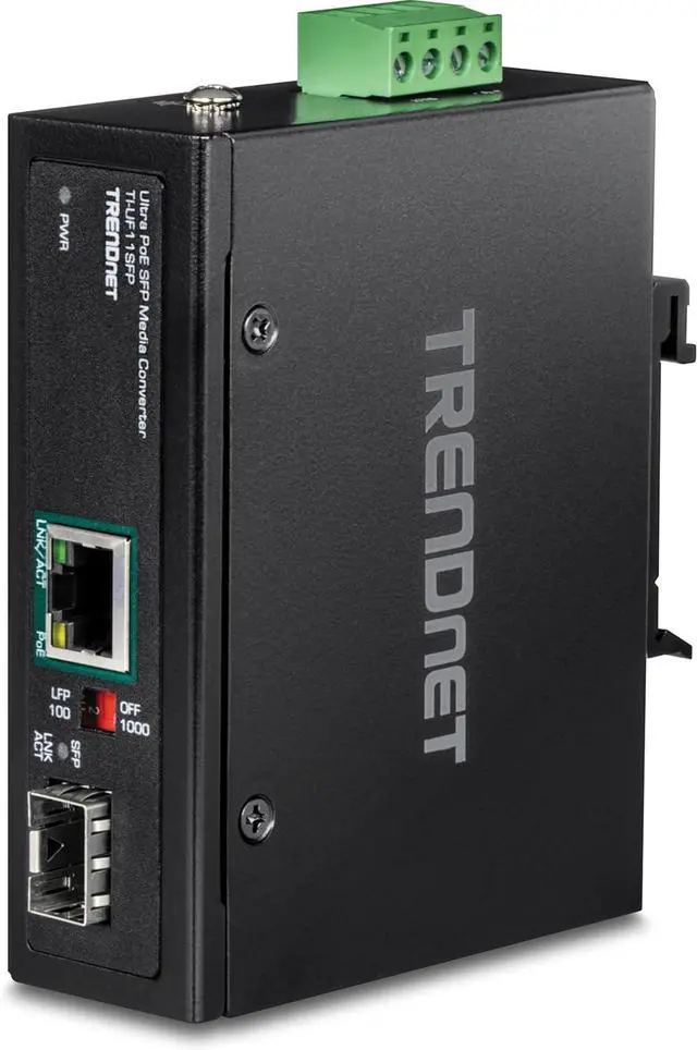 Main image of TRENDnet Hardened Industrial SFP to Gigabit UPoE Media Converter, IP30 Rated Housing, Includes DIN-Rail & Wall Mounts, Operating Temp. -40 to 75 °C (-40 to 167 °F), TI-UF11SFP, Black