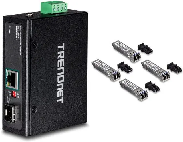 Main image of TRENDnet Industrial SFP to Gigabit PoE+ Media Converter, IP30 Rated Housing, Operating Temperature Range -40° 75 °C to (-40°  167 °F) & SFP Single-Mode LC Module 4-Pack, TEG-MGBS10/4