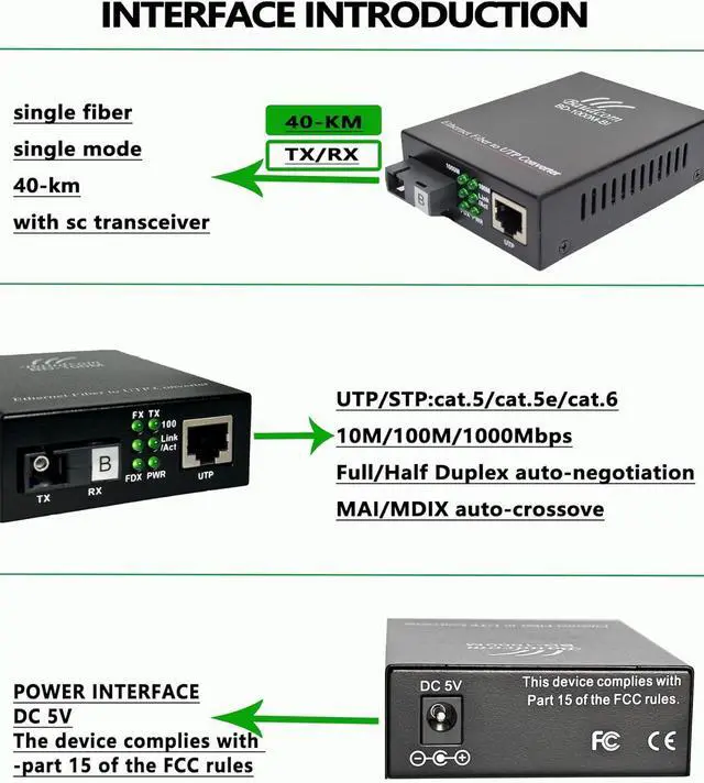 Alt view image 4 of 7 - Gigabit Ethernet Fiber Media Converter 10/100/1000M, BIDI 40km, Integrated Singlemode SC Transceivers, RJ45 to 1000Base-LX