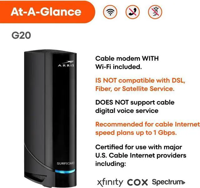 Alt view image 2 of 7 - ARRIS (G20) - Cable Modem Router Combo - Fast DOCSIS 3.1 Multi-Gigabit WiFi 6 (AX3000), Approved for Comcast Xfinity, Cox, Spectrum & More, 1.0 Gbps Max Speeds, Next-Generation Upload Optimized