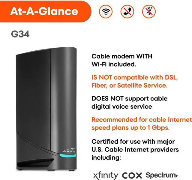 Alt view image 3 of 5 - ARRIS (G34) - Cable Modem Router Combo - Fast DOCSIS 3.1 Gigabit WiFi 6 (AX3000), Approved for Comcast Xfinity, Cox, Spectrum & More, 1 Gbps Max Internet Speeds