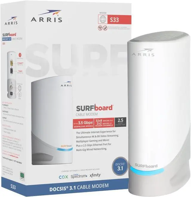 Alt view image 5 of 7 - ARRIS (S33) - Cable Modem - Fast DOCSIS 3.1 Multi-Gigabit Cable Modem For Comcast Xfinity, Cox, Spectrum & More 1 & 2.5 Gbps Ports 2.5 Gbps Max Internet Speeds 2 Year Warranty - (No Built-in Wifi)