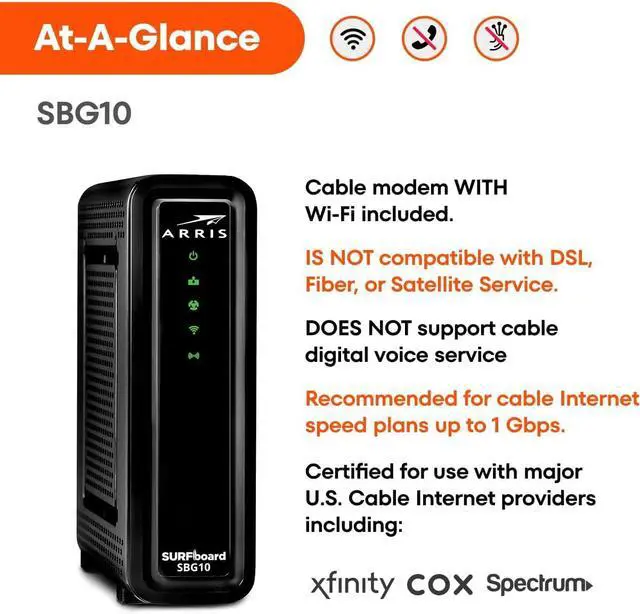 Alt view image 7 of 7 - ARRIS (SBG10) - Cable Modem Router Combo - DOCSIS 3.0 16 x 4 Gigabit & AC1600 WiFi, For Comcast Xfinity, Cox, check with ISP for compatibility [Not for Spectrum] 400 Mbps Max Internet Speeds