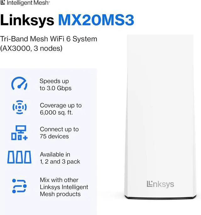 Alt view image 2 of 5 - Linksys Atlas WiFi 6 Router Home WiFi Mesh System, Dual-Band, 6,000 Sq. ft Coverage, 802.11ax, 75+ Devices, Speeds up to (AX3000) 3.0Gbps - MX20MS3, 3-Pack