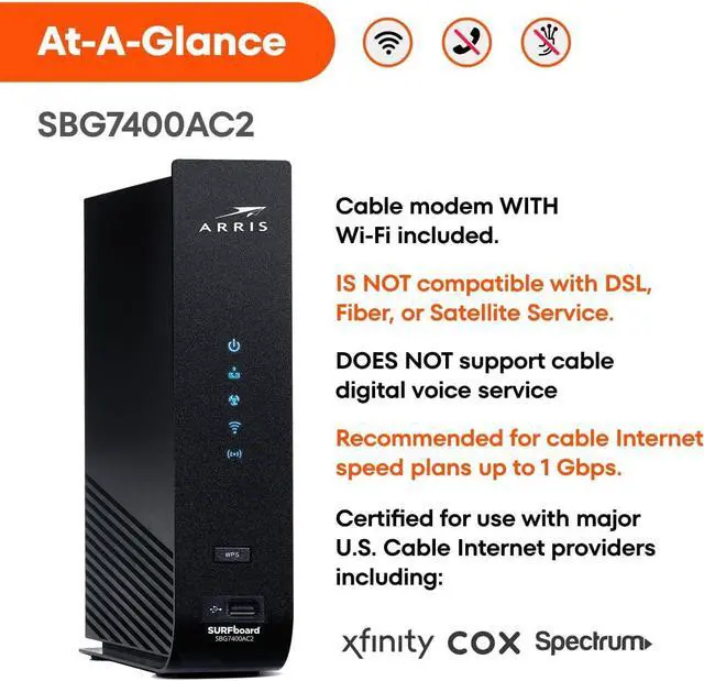 Alt view image 7 of 7 - ARRIS (SBG7400AC2) - Modem Router Combo - Fast DOCSIS 3.0 & AC2350 WiFi, for Comcast Xfinity, Cox, check with ISP for compatibility [Not for Spectrum], Four 1 Gbps Ports, 800 Mbps Max Internet Speed