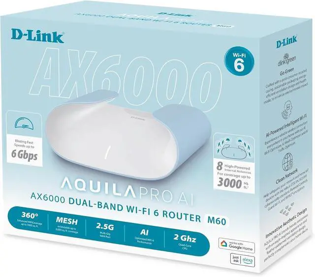 Main image of D-Link M60AX6000WiFi6MeshRouterSculpted Décor ReadyDesign2.5GbpsWAN+4×Gbps LANGaming/Streaming/InternetLong Range Wireless Self Optimized360° CoverageExpandable MeshApp Control