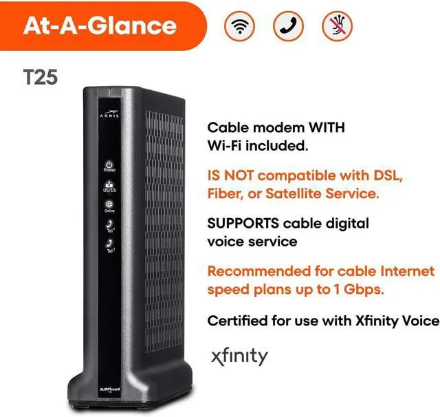 Alt view image 7 of 7 - ARRIS (T25) - Cable Modem - Fast DOCSIS 3.1 Gigabit Cable Modem , Comcast Xfinity Internet & Voice , Two 1 Gbps Ports, 800 Mbps Max with Xfinity Plan