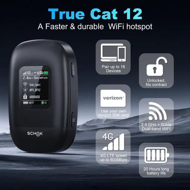 Alt view image 2 of 7 - SCHOK 4G LTE Mobile Hotspot - Cat 12 Portable WiFi for Travel, Dual Bands (2.4GHz/5GHz), 600Mbps Download High Speed, Supports 16 Connected Devices, Compatible with Verizon & its MVNOs ONLY