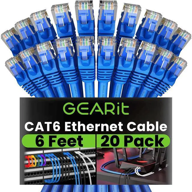Main image of GearIT Cat 6 Ethernet Cable (20-Pack 6 Feet) Cat6 Network Patch, 10Gbps, RJ45, Snagless Cord, Gold-Plated Connectors, Internet for PC, TV, Tablet, Router, Printer, Servers, IT Data Center - Blue