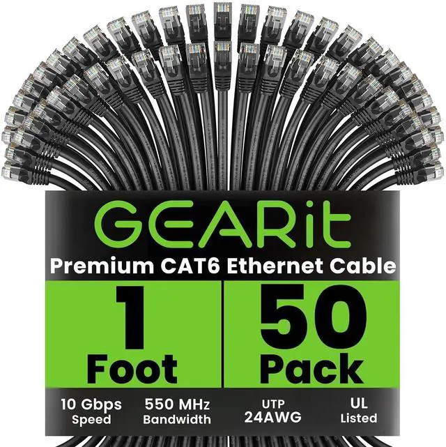 Main image of GearIT Cat 6 Ethernet Cable (50-Pack 1 Foot) Cat6 Network Patch, 10Gbps, RJ45, Snagless Cord, Gold-Plated Connectors, Internet for PC, TV, Tablet, Router, Printer, Servers, IT Data Center - Black