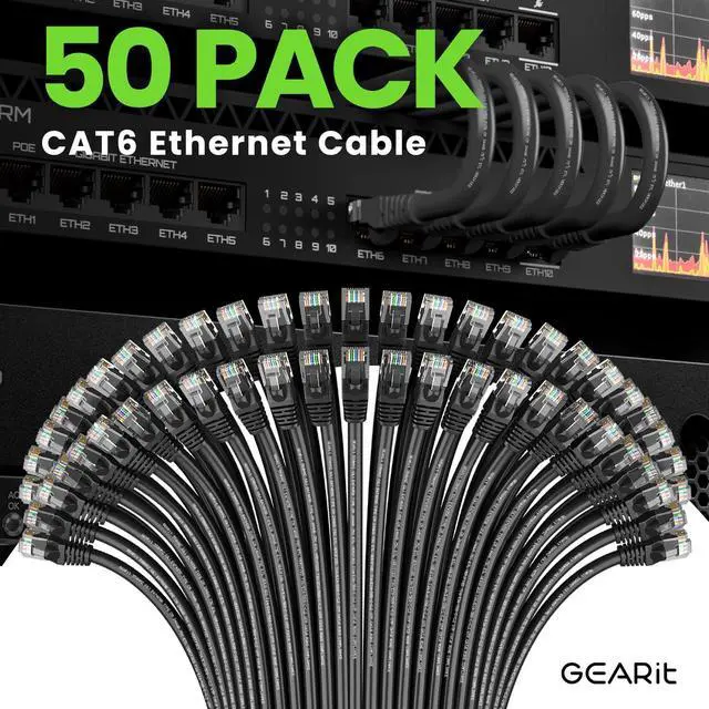 Alt view image 2 of 7 - GEARit Cat 6 Ethernet Cable Pack - 50-Pack 0.5 ft Cat6 Ethernet Patch Cables | RJ45 Network Patch Cable, 10 Gbps Snagless Gold-Plated Connectors - Ethernet Cable Cat 6 for PC, TV, Router - Black