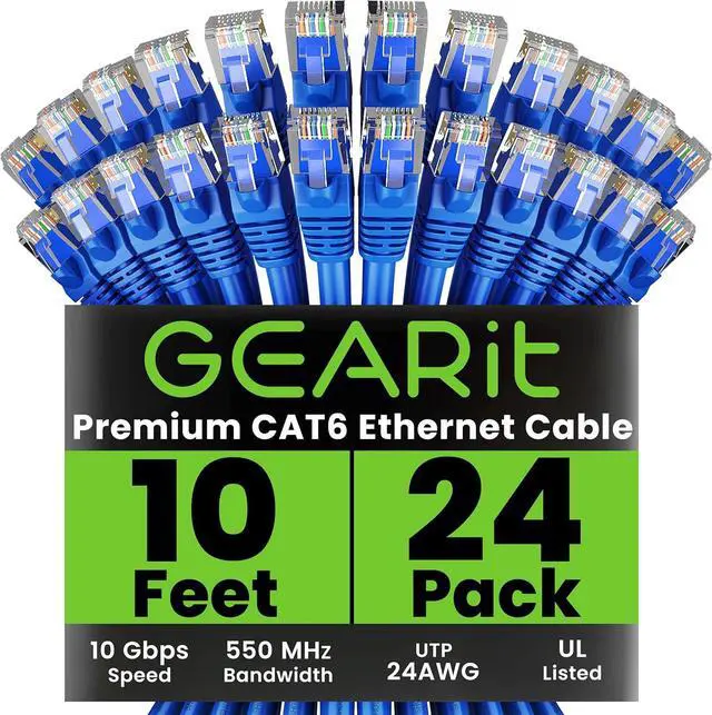 Main image of GEARit Cat 6 Ethernet Cable (24-Pack 10 Feet) Cat6 Network Patch, 10Gbps, RJ45, Snagless Cord, Gold-Plated Connectors, Internet for PC, TV, Tablet, Router, Printer, Servers, IT Data Center - Blue