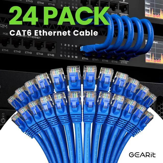 Alt view image 2 of 7 - GEARit Cat 6 Ethernet Cable (24-Pack 10 Feet) Cat6 Network Patch, 10Gbps, RJ45, Snagless Cord, Gold-Plated Connectors, Internet for PC, TV, Tablet, Router, Printer, Servers, IT Data Center - Blue