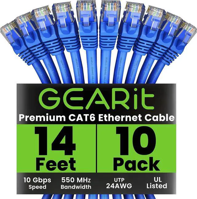 Main image of GearIT Cat 6 Ethernet Cable (10-Pack 14 Feet) Cat6 Network Patch, 10Gbps, RJ45, Snagless Cord, Gold-Plated Connectors, Internet for PC, TV, Tablet, Router, Printer, Servers, IT Data Center - Blue