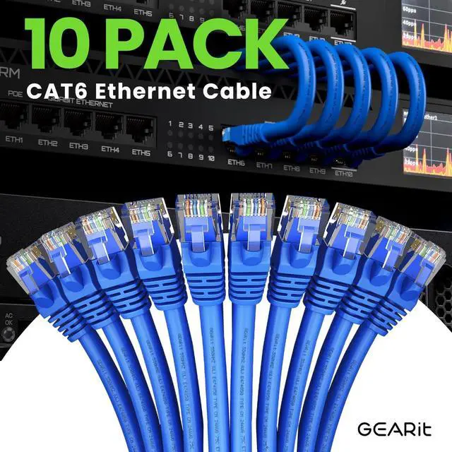 Alt view image 2 of 7 - GearIT Cat 6 Ethernet Cable (10-Pack 14 Feet) Cat6 Network Patch, 10Gbps, RJ45, Snagless Cord, Gold-Plated Connectors, Internet for PC, TV, Tablet, Router, Printer, Servers, IT Data Center - Blue