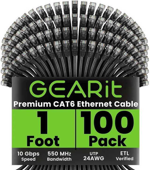 Main image of GearIT Cat 6 Ethernet Cable (100-Pack 1 Foot) Cat6 Network Patch, 10Gbps, RJ45, Snagless Cord, Gold-Plated Connectors, Internet for PC, TV, Tablet, Router, Printer, Servers, IT Data Center - Black
