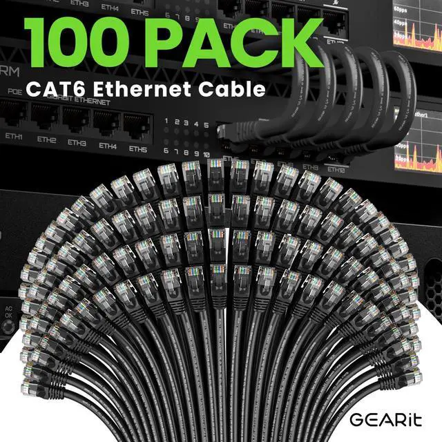 Alt view image 2 of 7 - GearIT Cat 6 Ethernet Cable (100-Pack 1 Foot) Cat6 Network Patch, 10Gbps, RJ45, Snagless Cord, Gold-Plated Connectors, Internet for PC, TV, Tablet, Router, Printer, Servers, IT Data Center - Black