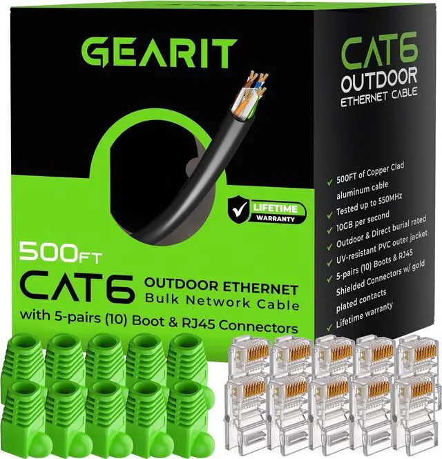 Main image of GEARit RJ45 Cat-6 Ethernet Patch Cable, DIY Bulk Kit (10 RJ45 & 10 Boot), 10Gpb Transfer Speed, Gold-Plated Connectors, Copper Clad, Outdoor, UV Resistant, Direct Burial, Waterproof, 500 Foot, Black