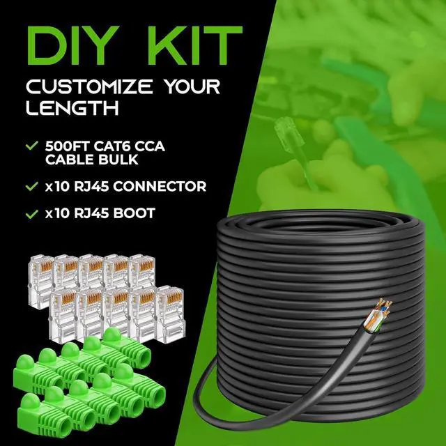 Alt view image 2 of 7 - GEARit RJ45 Cat-6 Ethernet Patch Cable, DIY Bulk Kit (10 RJ45 & 10 Boot), 10Gpb Transfer Speed, Gold-Plated Connectors, Copper Clad, Outdoor, UV Resistant, Direct Burial, Waterproof, 500 Foot, Black