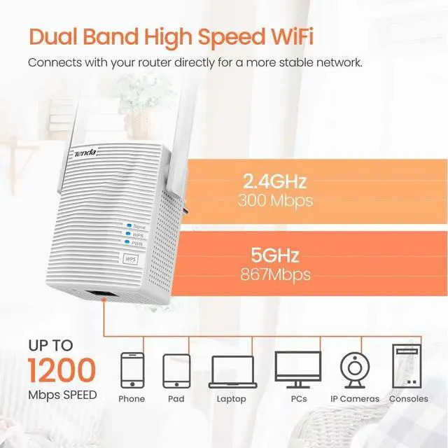 Alt view image 4 of 7 - Tenda AC1200 WiFi Range Extender Gigabit WiFi Repeater with 100 Mbps LAN Port, Dual Banda 2.4GHz 300Mbps+5GHz 867Mbps, Hide SSID, WPS Function, Encryption Mode (A18)