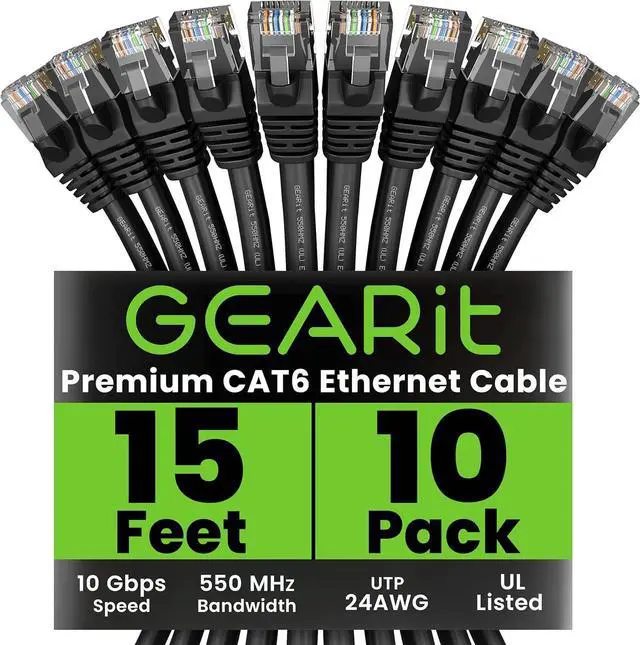 Main image of GEARit Cat 6 Ethernet Cable (10-Pack 15 Feet) Cat6 Network Patch, 10Gbps, RJ45, Snagless Cord, Gold-Plated Connectors, Internet for PC, TV, Tablet, Router, Printer, Servers, IT Data Center - Black
