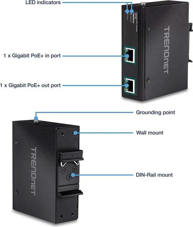 Alt view image 5 of 7 - TRENDnet Industrial Gigabit PoE+ Extender, TI-E100, Single Port PoE, Power Over Ethernet, Supports PoE (15.4W) and PoE+ (30W), Extends 100m, Cascade 2 Units for Distance Up to 300m (984 ft.), IP30