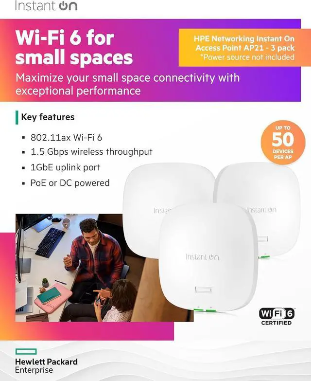 Alt view image 3 of 7 - HPE Networking Instant On Access Point AP21 2x2 WiFi 6 Indoor Wireless Access Point (3 Pack) | Single-Room, Secure, Smart Mesh Support | Power Source Not Included | US Model (S1T08A-3PACK)