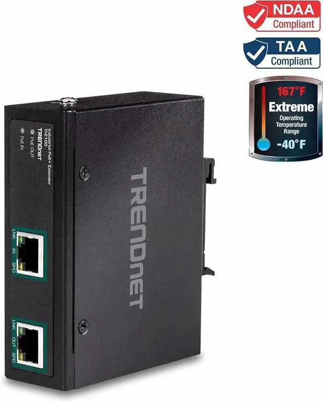 Alt view image 2 of 7 - TRENDnet Industrial Gigabit PoE+ Extender, TI-E100, Single Port PoE, Power Over Ethernet, Supports PoE (15.4W) and PoE+ (30W), Extends 100m, Cascade 2 Units for Distance Up to 300m (984 ft.), IP30