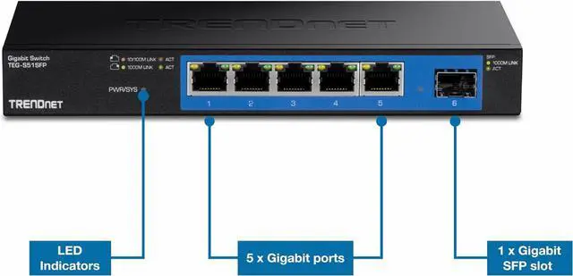 Alt view image 4 of 7 - TRENDnet 5-Port Gigabit Compact Metal Desktop Switch with SFP Slot, TEG-S51SFP , Fanless Design, Wall Mountable, Lifetime Protection, Black