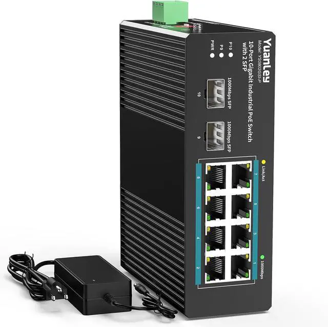 Main image of YuanLey 10 Port Industrial Switch with 8 Port PoE Gigabit & 2X SFP Port, Unmanaged PoE Switch with 120W Power Adapter, IEEE802.3af/at, VLAN & RSTP, Din-Rail PoE Switch for IP Camera, VoIP Phones,AP