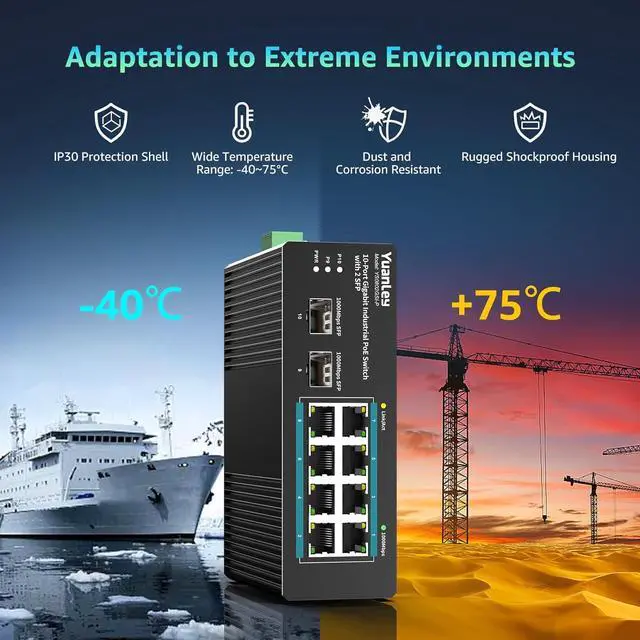 Alt view image 6 of 7 - YuanLey 10 Port Industrial Switch with 8 Port PoE Gigabit & 2X SFP Port, Unmanaged PoE Switch with 120W Power Adapter, IEEE802.3af/at, VLAN & RSTP, Din-Rail PoE Switch for IP Camera, VoIP Phones,AP