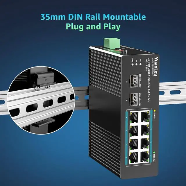 Alt view image 7 of 7 - YuanLey 10 Port Industrial Switch with 8 Port PoE Gigabit & 2X SFP Port, Unmanaged PoE Switch with 120W Power Adapter, IEEE802.3af/at, VLAN & RSTP, Din-Rail PoE Switch for IP Camera, VoIP Phones,AP
