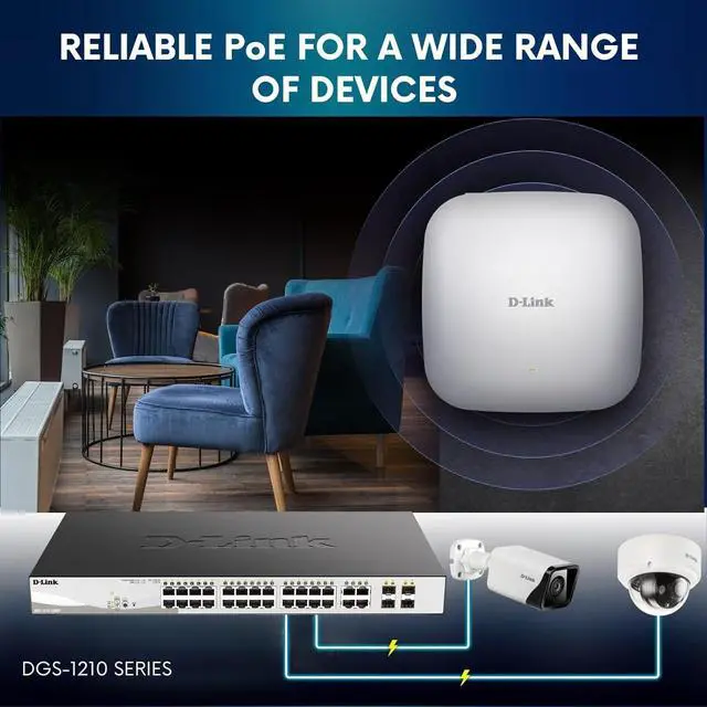 Alt view image 2 of 7 - D-Link 28-Port Gigabit Smart Managed PoE+ Switch |24 PoE+ Ports (193W) + 4 SFP Combo Ports |L2+ | VLANs | Web Managed | Surveillance Mode | Rackmount | NDAA Compliant |Lifetime Warranty (DGS-1210-28P)