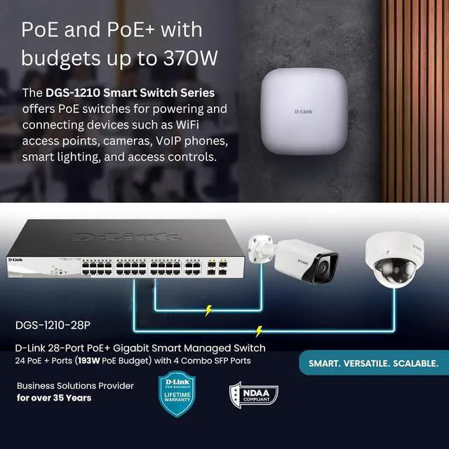 Alt view image 5 of 7 - D-Link 28-Port Gigabit Smart Managed PoE+ Switch |24 PoE+ Ports (193W) + 4 SFP Combo Ports |L2+ | VLANs | Web Managed | Surveillance Mode | Rackmount | NDAA Compliant |Lifetime Warranty (DGS-1210-28P)