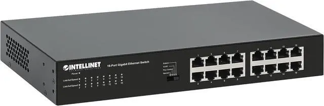 Main image of Intellinet 16 Port Gigabit Ethernet Switch  10 / 100 / 1000 Mbps  Unmanaged,Metal Housing, Fanless Quiet, Long Distance, VLAN & Extend Mode  for Computer Desktop Networking-3 Yr Mfg Warranty561815