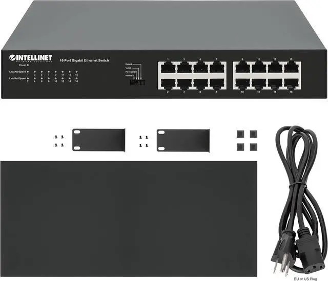 Alt view image 2 of 7 - Intellinet 16 Port Gigabit Ethernet Switch  10 / 100 / 1000 Mbps  Unmanaged,Metal Housing, Fanless Quiet, Long Distance, VLAN & Extend Mode  for Computer Desktop Networking-3 Yr Mfg Warranty561815