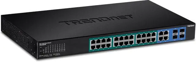 Main image of TRENDnet 28-Port Web Smart PoE+ Switch, 24 x Gigabit PoE+ Ports, 4 x Shared Gigabit Ports (RJ-45 or SFP), VLAN, QoS, LACP, IPv6 Support, 370W PoE Power Budget, Lifetime Protection, TPE-5028WS