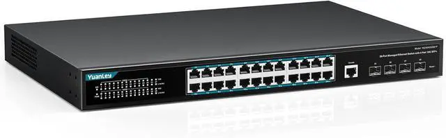 Main image of YuanLey 28 Port Gigabit Managed PoE Switch with 24 10/100/1000Mbps PoE+ Ports, 4X 10Gbps SFP+, L3 Smart Managment Ethernet Switch, VLAN, QoS, ACL, SSL, Fanless, Rackmount Network Switch