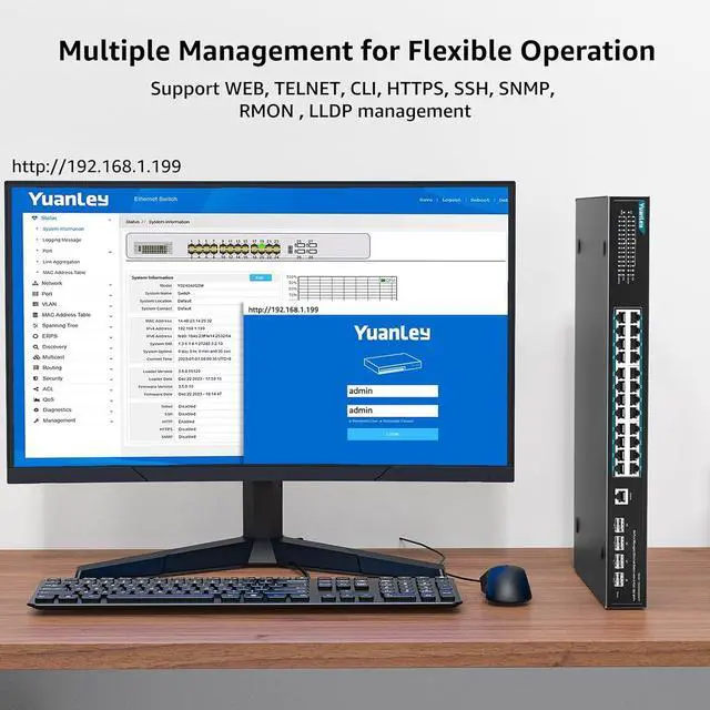 Alt view image 6 of 7 - YuanLey 28 Port Gigabit Managed PoE Switch with 24 10/100/1000Mbps PoE+ Ports, 4X 10Gbps SFP+, L3 Smart Managment Ethernet Switch, VLAN, QoS, ACL, SSL, Fanless, Rackmount Network Switch
