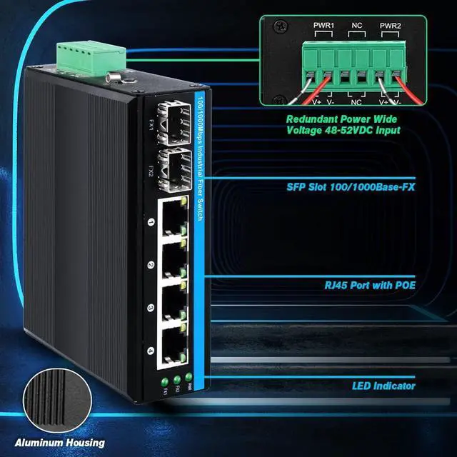 Alt view image 3 of 6 - 6-Port Hardened Industrial Gigabit PoE+ DIN-Rail Fiber Network Switch 4 x Gigabit PoE+ Ports 2 x 1.25G SFP Fiber Ports 120W for Outdoor Use